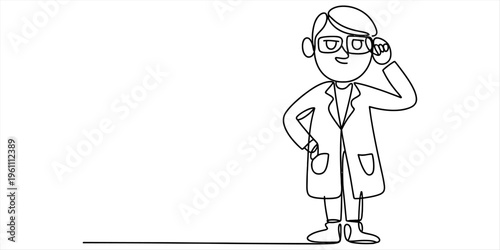 Continuous line drawing of a scientist or doctor wearing a lab coat and glasses Vector, illustration