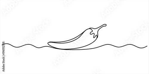 Minimalist continuous line drawing of a spicy chili pepper on a wavy horizontal line Vector, illustration