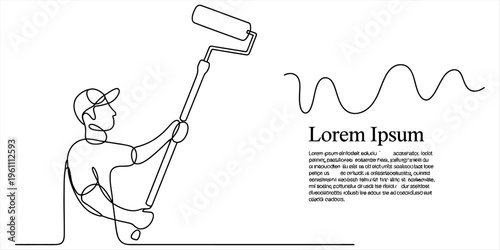One line drawing of a professional house painter holding a paint roller tool for home renovation. Vector, illustration