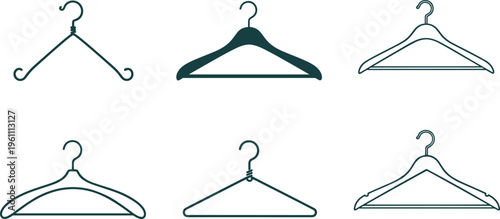 Black silhouette vector illustration set of clothes hangers with wire, curved, broad shoulders, thick design, garment storage, retail organization icons