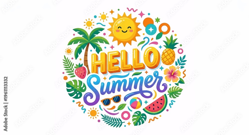 Fototapeta premium Fresh 3D Illustration of “HELLO SUMMER” Text with Playful Summer Elements and Colorful Tropical Background