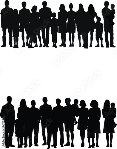 Bilde på lerret Large group of people silhouettes standing together, diverse crowd collection wi