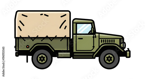 Illustration of an olive drab military truck with a canvas cover featuring a vintage design and bold outlines on a white backdrop