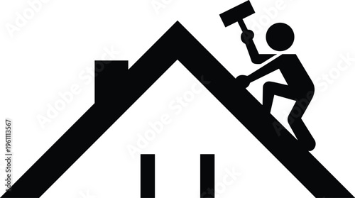 Roof repair worker silhouette on house, construction maintenance icon, handyman fixing rooftop with tools, black minimal vector illustration isolated on white background