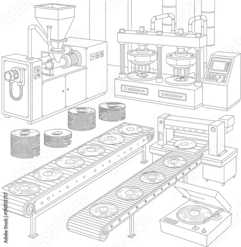 Vinyl record pressing plant production line illustration