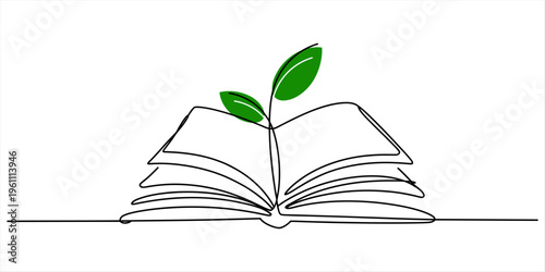 Continuous line drawing of an open book with a green sprout growing from its pages. Vector, illustration