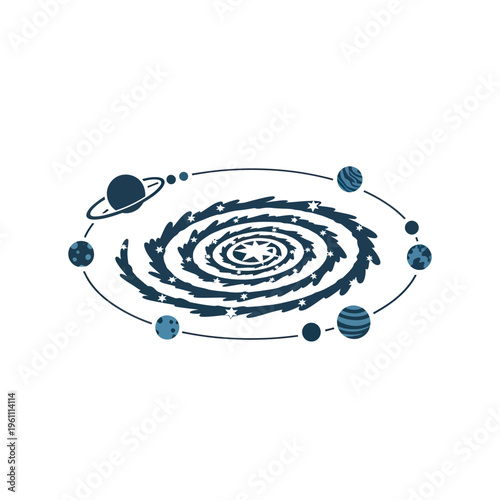 Stylized Galaxy Illustration with Planets and Orbital Paths.