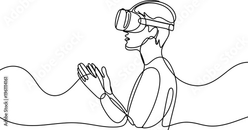 One line art drawing of a person wearing a virtual reality headset and using hand gestures Vector, illustration
