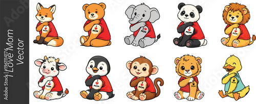 Photography Cute Wild Animals I Love Mom Vector Set, Cartoon Birds and Animals Mothers Day C