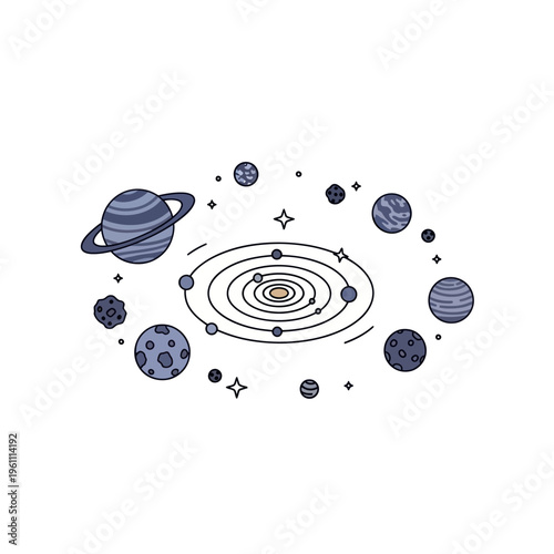 Whimsical Solar System Illustration with Planets and Spiral Galaxy.