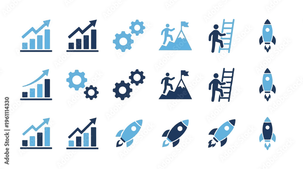 Fototapeta premium Business Growth and Success Icon Set with Rocket and Charts