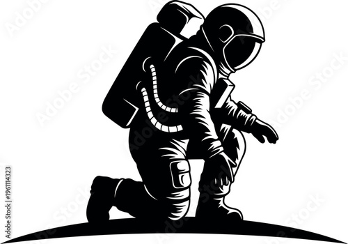 Astronaut Kneeling Down in Space Suit Illustration Vector Art