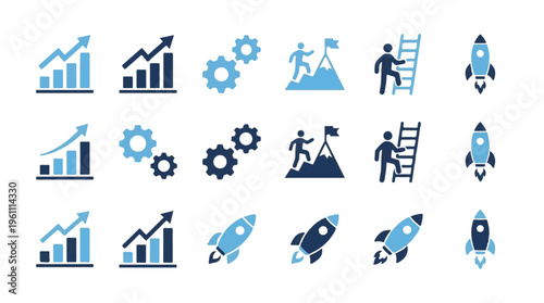 Business Growth and Success Icon Set with Rocket and Charts