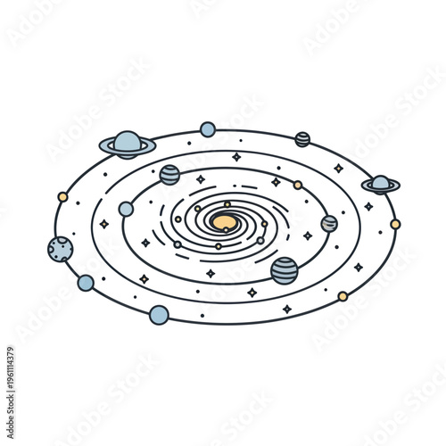 Stylized Galaxy Illustration with Planets and Stars in Orbit.