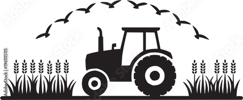 Farming tractor vector illustration for agriculture tattoo or rural logo. Glyph pictograms of tractor with birds flying overhead in countryside. Vector illustration isolated on transparent background
