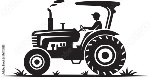 Agriculture tractor vector illustration for rural tattoo or farming logo. Glyph pictograms of driver operating tractor in countryside field. Vector illustration isolated on transparent background