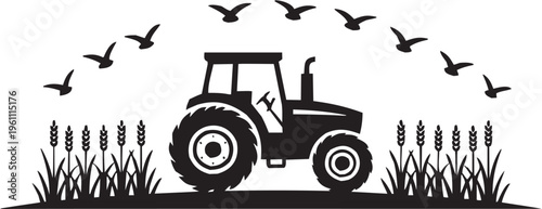 Tractor vector illustration for agriculture tattoo or rural logo. Glyph pictograms of tractor with birds flying overhead in farming scene. Vector illustration isolated on transparent background
