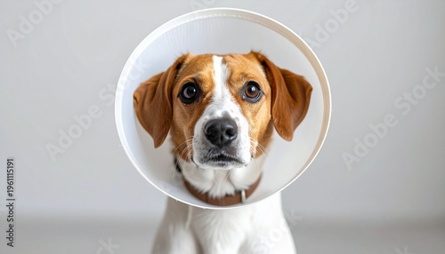 Sad dog wearing a protective medical cone collar after surgery