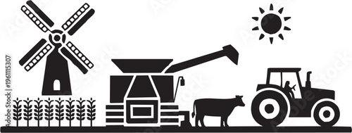 Grain cart vector illustration for farming tattoo or agriculture logo. Glyph pictograms of harvester unloading into cart with cow and crops