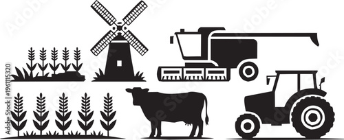 Agriculture farm vector illustration for rural tattoo or countryside logo. Glyph pictograms of alternate harvester, windmill, cow and crops