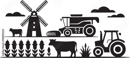 Farm machinery vector illustration for agriculture tattoo or rural logo. Glyph pictograms of harvester, windmill, cow and crops