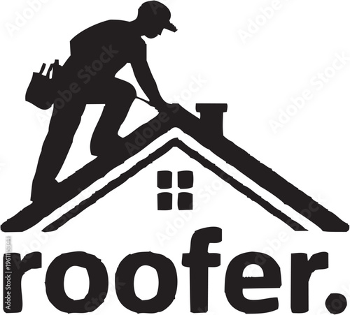 Roofer construction vector illustration for building tattoo or industrial logo. Glyph pictograms of roofer repairing house roof symbol