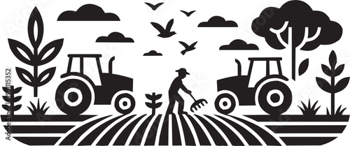 Farming scene vector illustration for agriculture tattoo or rural logo. Glyph pictograms of worker in field with tractor and birds