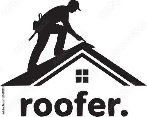 Roofer construction vector illustration for building tattoo or industrial logo. Glyph pictograms of roofer working on house roof symbol