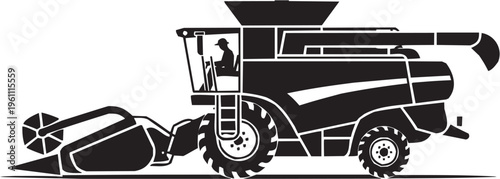 Agricultural machinery vector illustration for farming tattoo or industrial logo. Glyph pictograms of combine harvester with driver