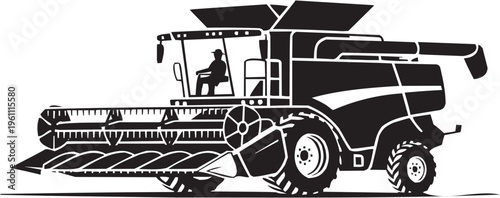 Combine harvester vector illustration for farming tattoo or industrial logo. Glyph pictograms of agricultural machinery with operator driving