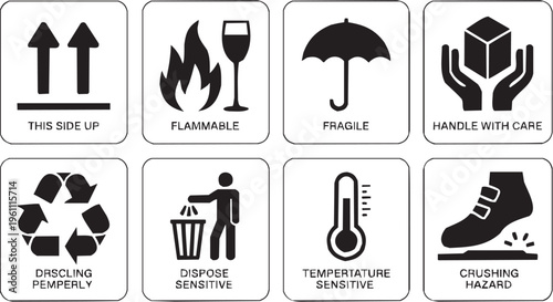 Handling hazard vector illustration for packaging tattoo or logistics logo. Glyph pictograms of flammable, fragile, temperature sensitive and trash bin symbols
