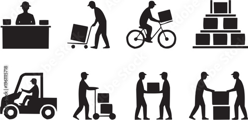 Delivery transport vector illustration for logistics tattoo or courier logo. Glyph pictograms of person pushing cart and riding bicycle