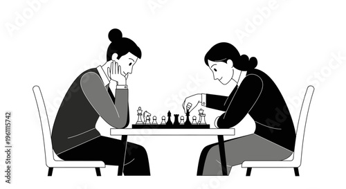 Two women playing chess game.