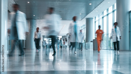 Busy medical corridor with blurred figures in scrubs and coats