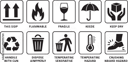 Shipping hazard vector illustration for packaging tattoo or logistics logo. Glyph pictograms of flammable, fragile, keep dry and trash bin symbols