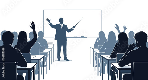 Teacher standing in front classroom.