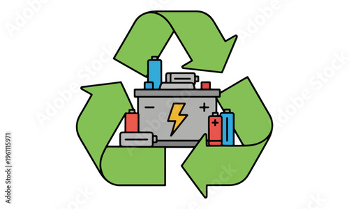 Battery recycling symbol with car and alkaline batteries vector
