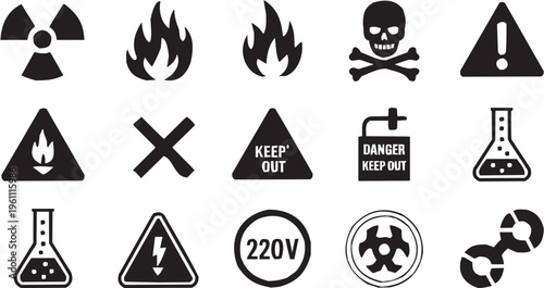 Hazard warning vector illustration for safety tattoo or industrial logo. Glyph pictograms of flames, skull, keep out text and danger triangles