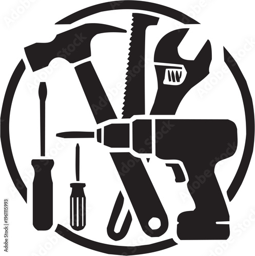 Construction tools vector illustration for mechanic tattoo or workshop logo. Circular glyph pictograms of screwdriver, wrench and drill tools