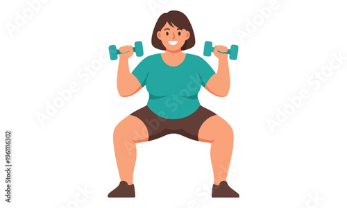 Overweight woman squatting with dumbbells vector illustration