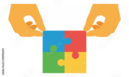 Hands assembling four colorful puzzle pieces on white background