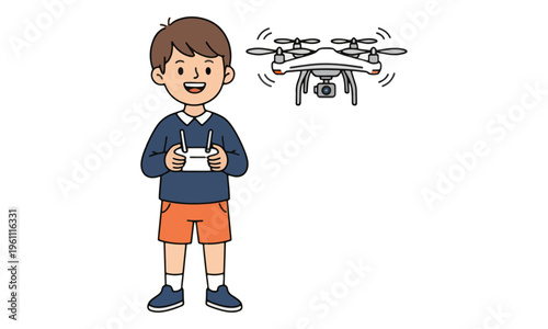 Boy operating drone quadcopter with remote controller illustration