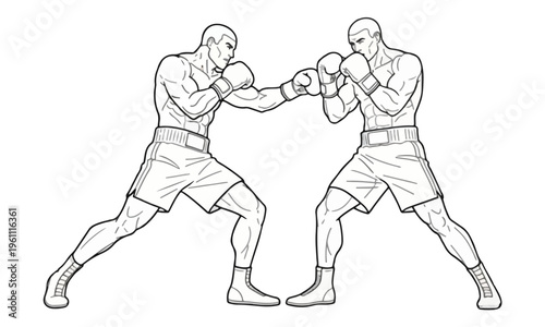 Two Boxers Sparring Line Art Illustration Isolated on White