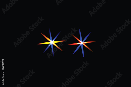 Vibrant light effect with radiant starbursts and colorful beams on black background