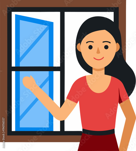 woman opening window for fresh air, home lifestyle flat vector illustration, white background