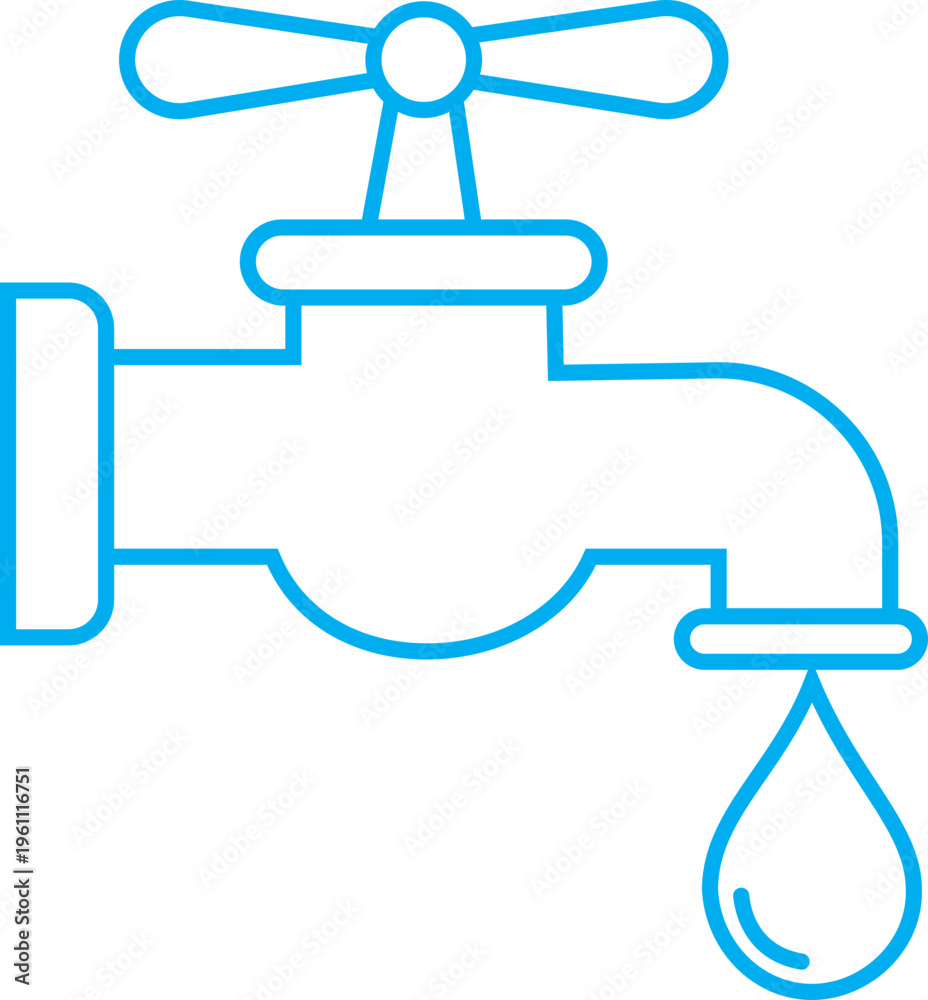 Obraz premium Dripping water faucet icon in outline style. Minimalist vector graphic for plumbing services, water conservation campaigns, and sustainable home maintenance.