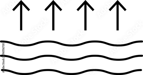 Water evaporation and liquid surface icon. Vector graphic symbol showing rising vapor from wavy water lines, ideal for environmental science, meteorology, and water cycle illustration.