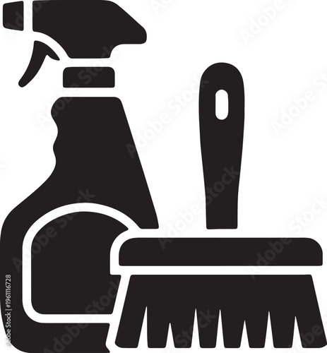 Cleaning supplies, spray bottle, scrub brush, black icons, vector graphics isolated on Transparent Background