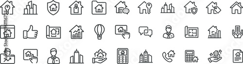 Real Estate and Property Management Line Icon Set. Editable vector symbols for housing market, mortgage, realtor services, home buying, architecture, investment, and construction.