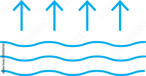 Water evaporation and liquid surface icon. Vector graphic symbol showing rising vapor from wavy water lines, ideal for environmental science, meteorology, and water cycle illustration.